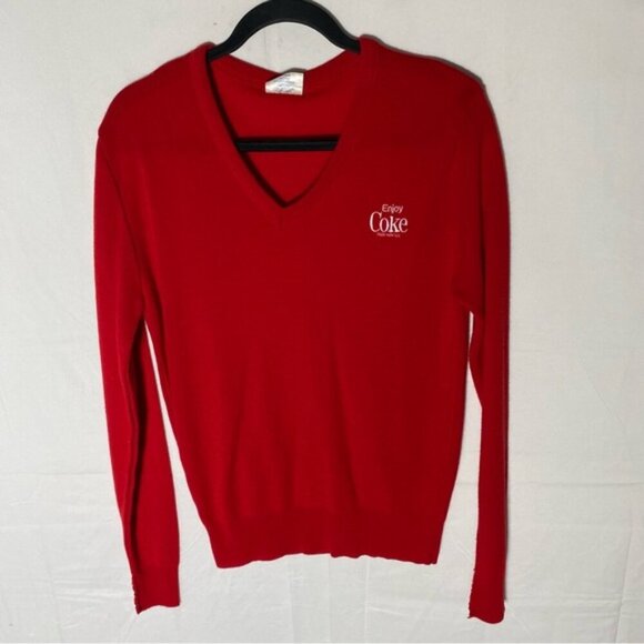 Vintage Coca Cola Red Acrylic Knit V Neck Pullover Light Sweater S - Picture 1 of 14